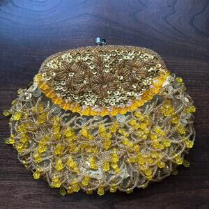 Vintage 1950/60s Gold Satin Beaded Evening Bag Looped Beaded Tassels Taipei CMC